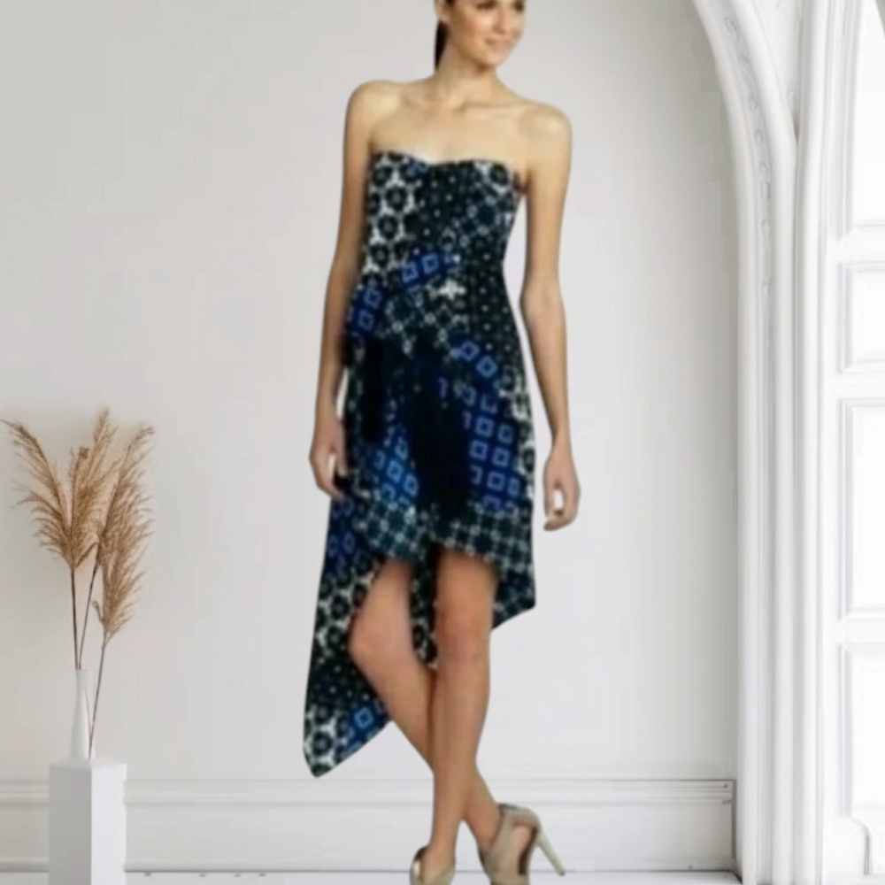 BCBGMAXAZRIA SWEETHEART DRESS  SILK FRINGE HIGH LOW HEM SIZE 0 WOMENS NWT